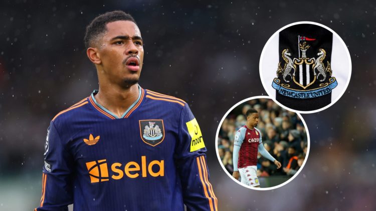 Jacob Ramsey looks on during Leeds vs Newcastle United. Inset: Aston Villa Ezri Konsa and the Newcastle United crest