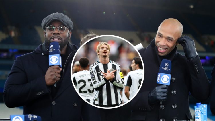 Micah Richards and Thierry Henry working as football pundits in the Champions League. Inset, Nick Woltemade celebrates scoring for Newcastle United.