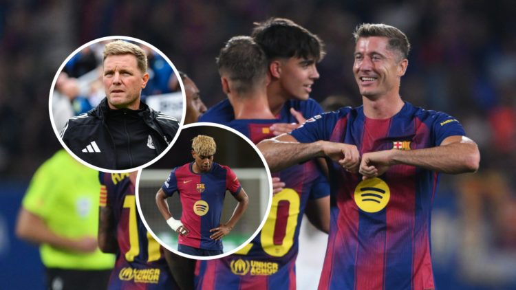Robert Lewandowski celebrates scoring for Barcelona, Eddie Howe looks on after beating Wolves, Barcelona's Lamine Yamal looks dejected.