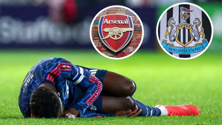 Bukayo Saka lies on the ground injured. Inset 1, Arsenal FC badge. Inset 2, Newcastle United club crest.