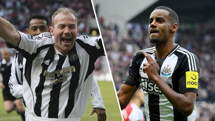 Split image: Alan Shearer celebrates a goal for Newcastle United (L). Alexander Isak (R).