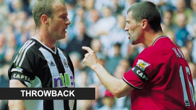 Roy Keane gets in Alan Shearer's face during a Premier League game between Newcastle United and Manchester United. Inset: a throwback banner.