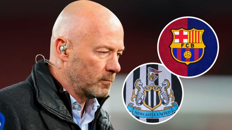 Alan Shearer doing punditry for a Champions League game between Arsenal and Shakhtar Donetsk. Inset: the Newcastle United badge on a flag and the B...