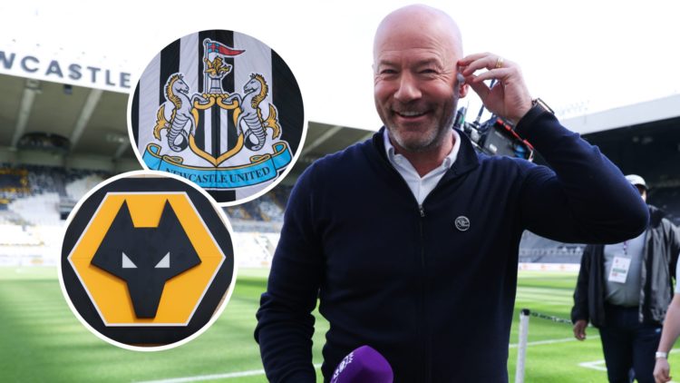 Alan Shearer doing punditry before a Premier League game between Newcastle United and Manchester United. Inset: the Newcastle United badge and Wolv...