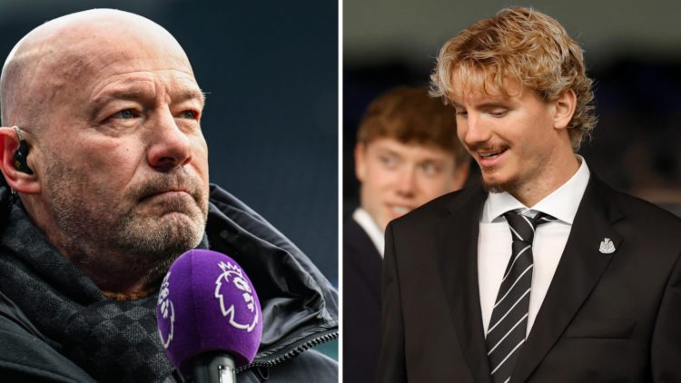 Alan Shearer working as a pundit. Nick Woltemade is seen in the stands during Leeds vs Newcastle United.