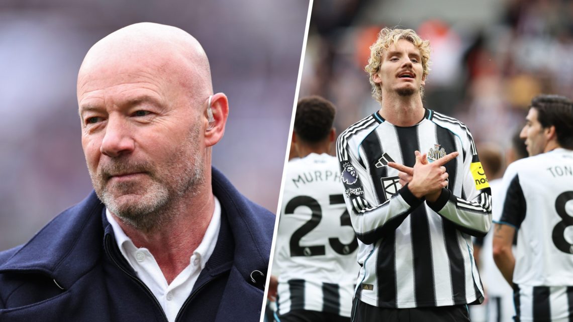 Alan Shearer doing punditry ahead of Newcastle United vs Manchester United at St James' Park. Nick Woltemade celebrates a goal for Newcastle United.
