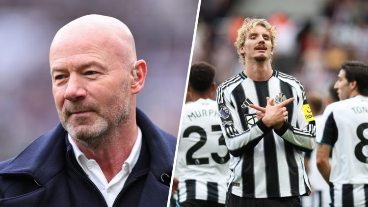 Alan Shearer doing punditry ahead of Newcastle United vs Manchester United at St James' Park. Nick Woltemade celebrates a goal for Newcastle United.