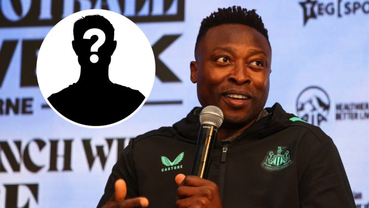 Former Newcastle United striker Shola Ameobi speaks at an event in Melbourne, Australia. Inset: a mystery player.