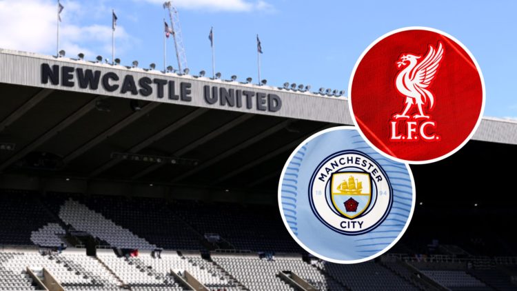 A view of St James' Park in the daylight with a corner flag. Inset: the Man City and Liverpool badges.