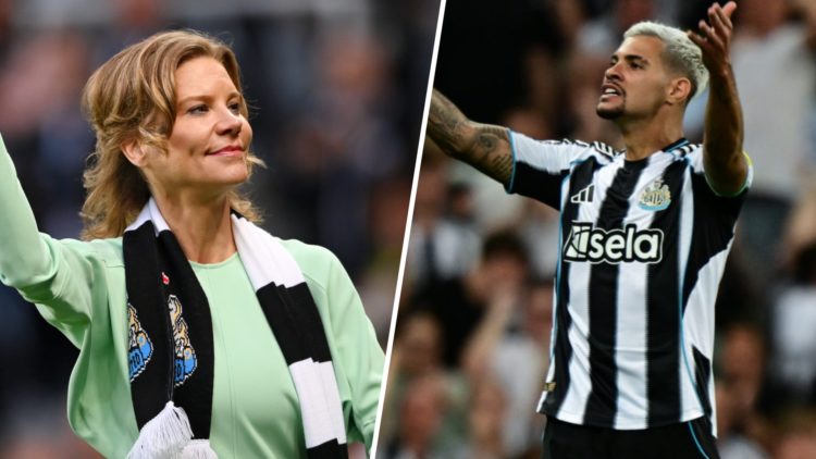Amanda Staveley waves to Newcastle United fans at St. James' Park. Bruno Guimaraes with his arms in the air during a Premier League game between Ne...