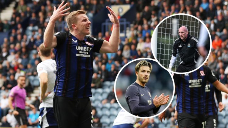 Matt Targett celebrates scoring a goal during a Championship game between Preston North End and Middlesbrough. Inset: Jack Grealish playing for Eng...