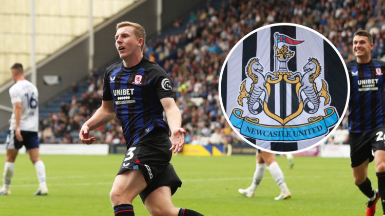 Matt Targett celebrates after scoring in a Championship game between Preston North End and Middlesbrough. Inset: the Newcastle United badge on a flag.