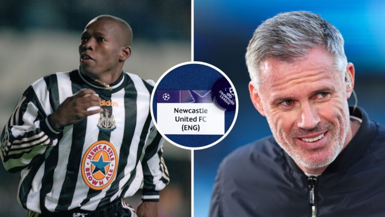 Tino Asprilla playing for Newcastle United, Jamie Carragher doing punditry, Newcastle United's Champions League draw ball.