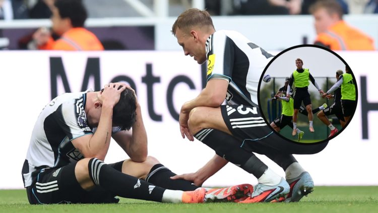 Tino Livramento is consoled after suffering an injury, Emil Krafth in Newcastle United training.