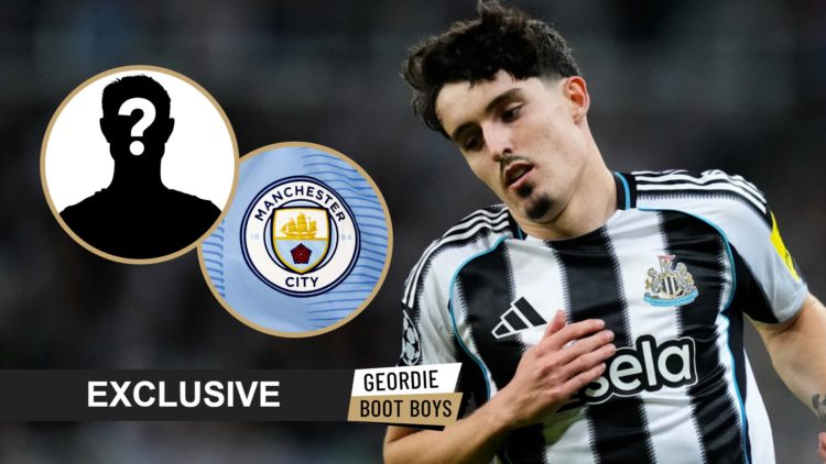 Tino Livramento playing for Newcastle United in the Champions League, Manchester City badge.