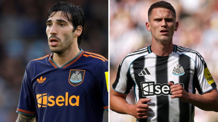 Sandro Tonali playing for Newcastle United. Sven Botman playing for Newcastle United.