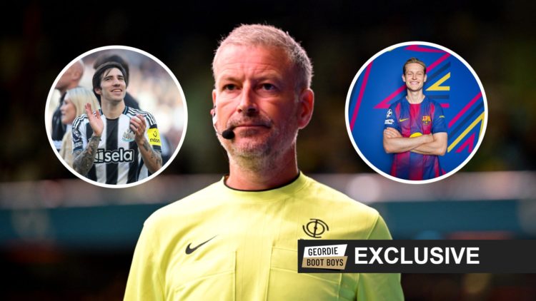 Mark Clattenburg refereeing a game. Inset: Sandro Tonali applauds Newcastle fans. Frenkie de Jong poses in a Barcelona shirt.