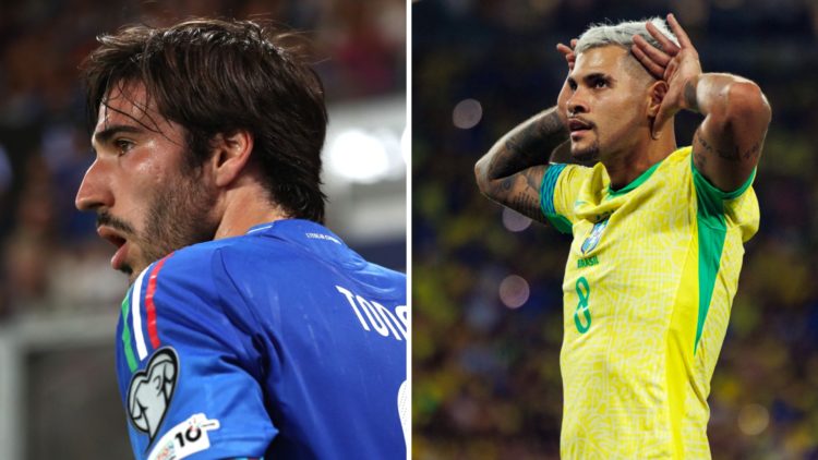 Sandro Tonali playing for Italy. Bruno Guimaraes celebrates scoring a goal for Brazil.