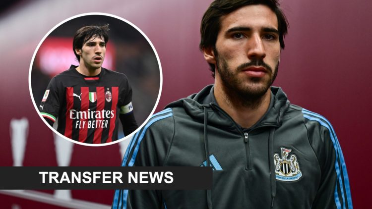 Sandro Tonali arrives at Villa Park before Newcastle United play Aston Villa in the Premier League. Inset: Sandro Tonali playing for AC Milan and a...