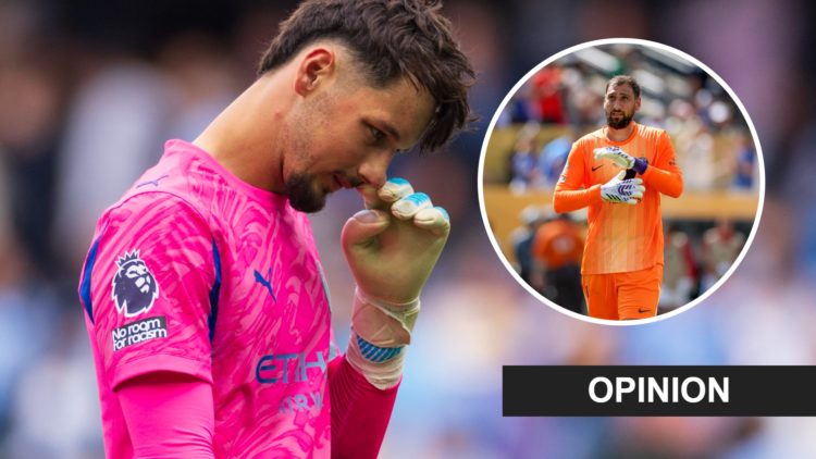 James Trafford looks dejected while playing for Manchester City. Inset: Gianluigi Donnarumma playing for PSG
