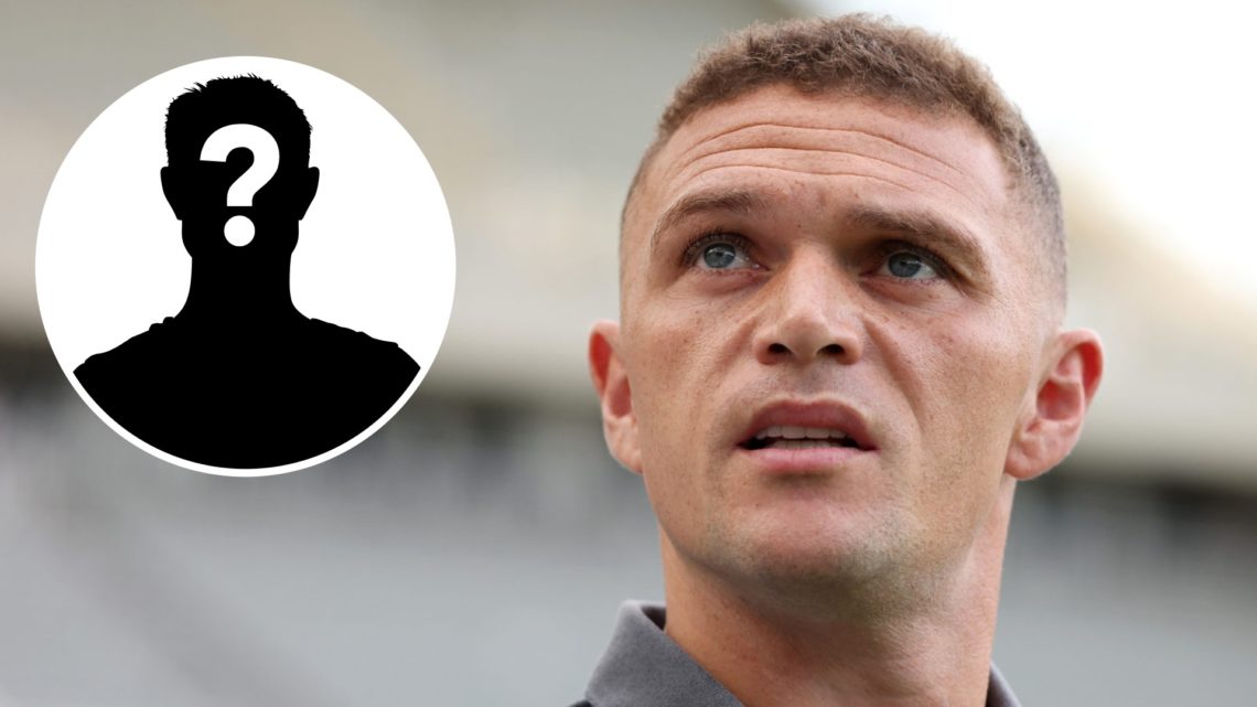 Inset, mystery person graphic. Kieran Trippier arrives at St James' Park before Newcastle United play Liverpool in the Premier League.