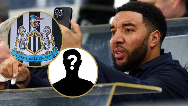 Troy Deeney doing commentary at St James' Park, Newcastle United badge, mystery player