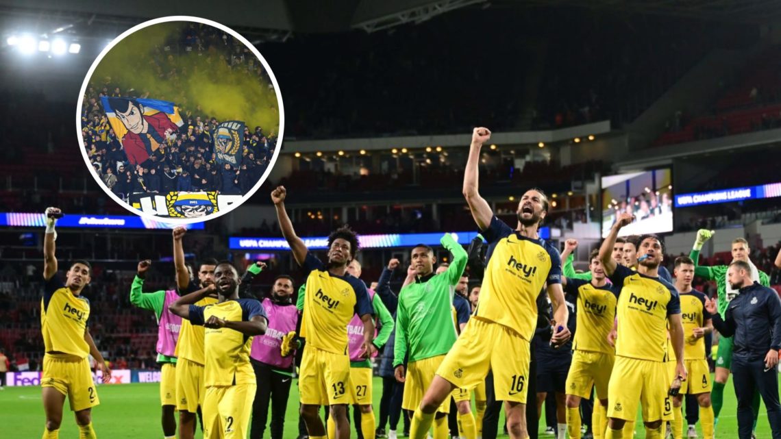 Union SG players celebrate their Champions League win over PSV. Inset: Union SG fans at Lotto Park.