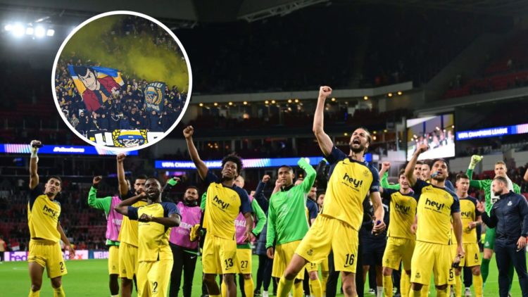 Union SG players celebrate their Champions League win over PSV. Inset: Union SG fans at Lotto Park.