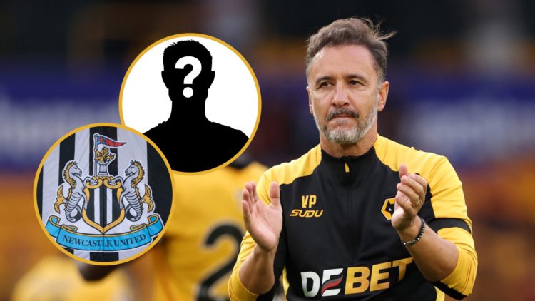 Vitor Pereira applauds the Wolves fans, Newcastle United badge, mystery player