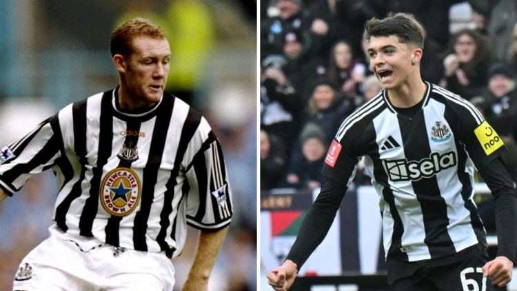 Split image: Steve Watson in action for Newcastle United (L). Lewis Miley playing (R).