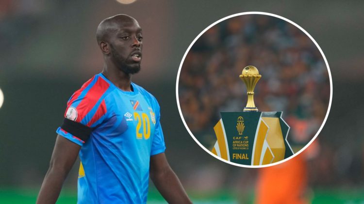 Yoane Wissa in action for DR Congo. Inset: The AFCON trophy.