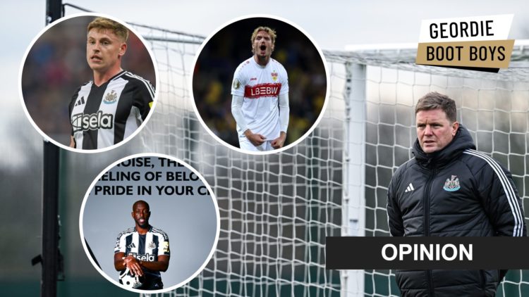 Inset 1, Harvey Barnes. Inset 2, Nick Woltemade. Inset 3, Yoane Wissa. Newcastle United manager Eddie Howe during a training session.