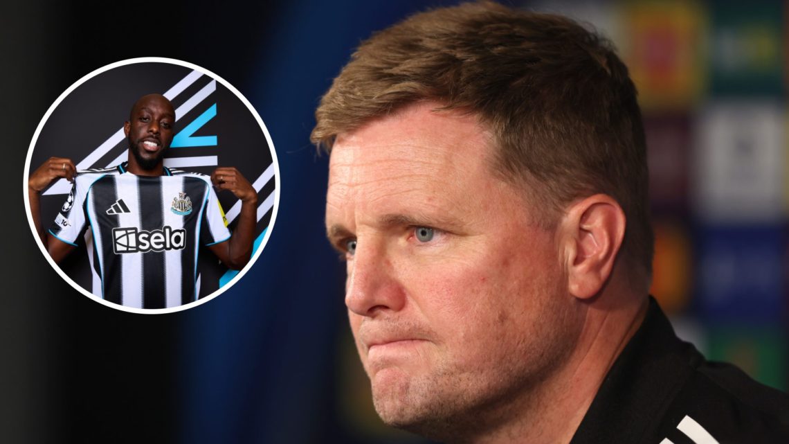Inset, Yoane Wissa posing in a Newcastle United shirt. Eddie Howe speaking at a press conference.