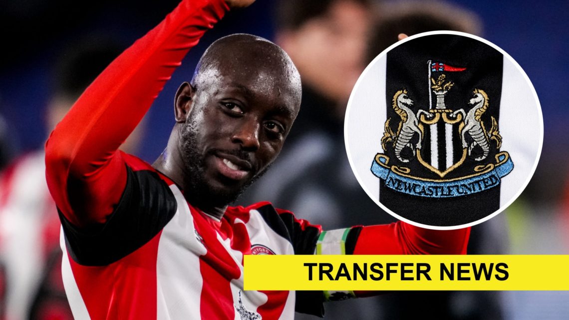 Yoane Wissa celebrates after Brentford beat Leicester City in the Premier League. Inset: the Newcastle United badge and a transfer news banner