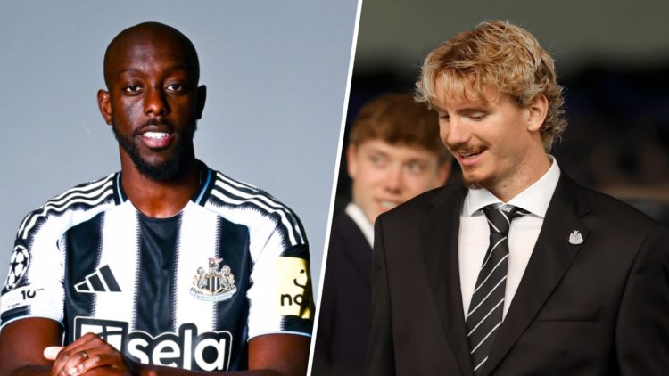 Yoane Wissa poses for photographs after signing for Newcastle United. Nick Woltemade watches Newcastle United take on Leeds United at Elland Road.