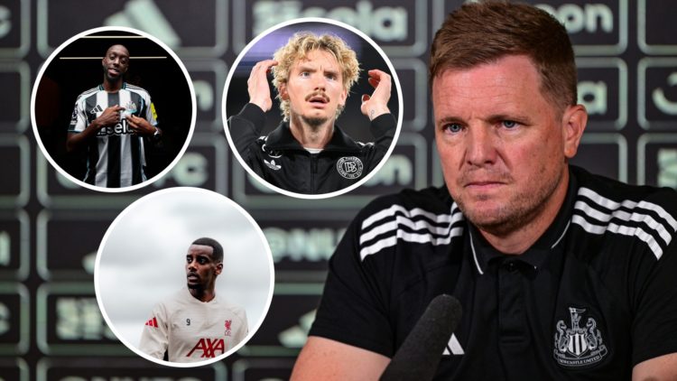 Inset 1, Yoane Wissa. Inset 2, Nick Woltemade. Inset 3, Alexander Isak in Liverpool training. Newcastle United manager speaks at a press conference.