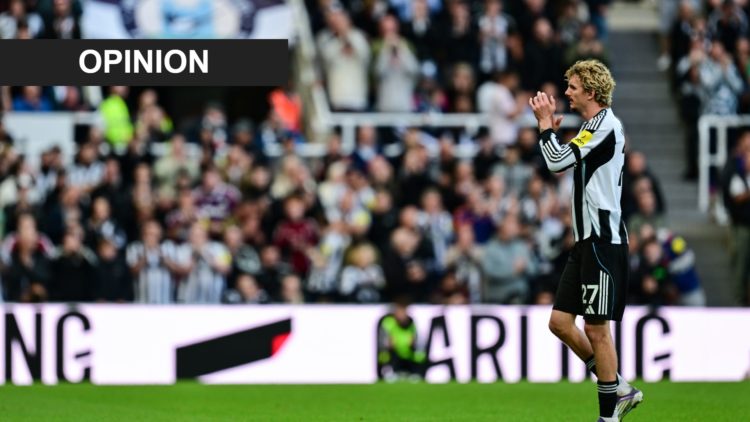 Nick Woltemade claps towards Newcastle United fans after being substituted.