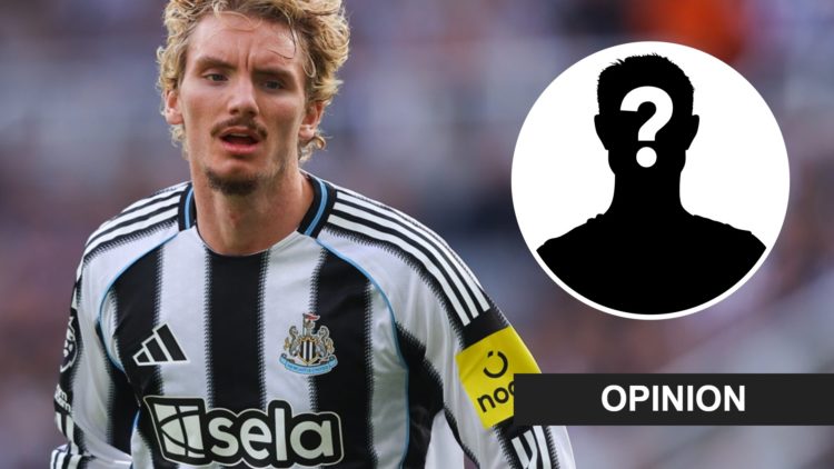 Nick Woltemade looks on during a Premier League game between Newcastle United and Wolves. Inset: a mystery player and an opinion banner.