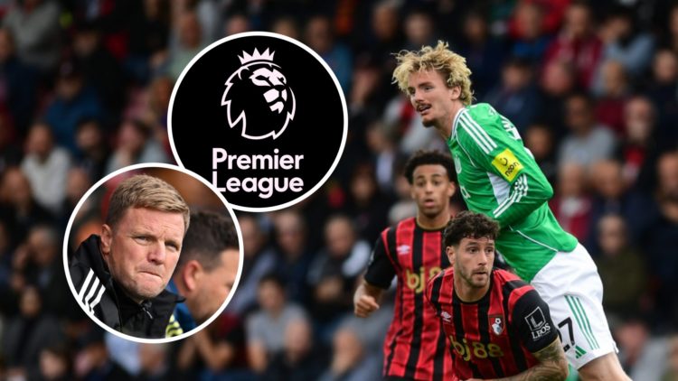 Nick Woltemade heads the ball during Newcastle United's Premier League draw with Bournemouth. Inset: the Premier League logo and Newcastle United b...
