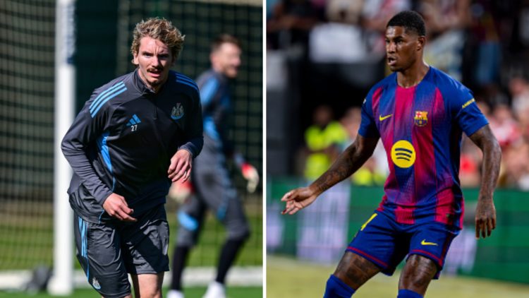 Split image: Nick Woltemade in Newcastle United training (L). Marcus Rashford playing for Barcelona (R).