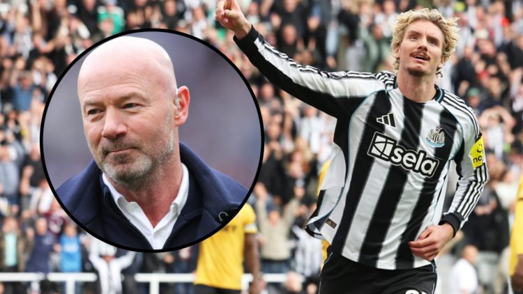 Nick Woltemade celebrates a goal on his debut for Newcastle United. Inset: Alan Shearer doing punditry