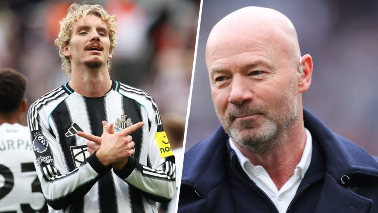 Nick Woltemade celebrates scoring for Newcastle United. Alan Shearer working as a football pundit.