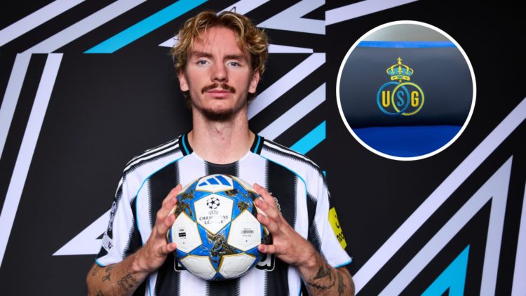 Nick Woltemade holds a Champions League football. Inset: Union SG badge.
