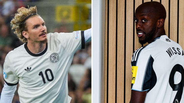 Split image: Nick Woltemade celebrates scoring for Germany U21s (L). Yoane Wissa signs for Newcastle United.