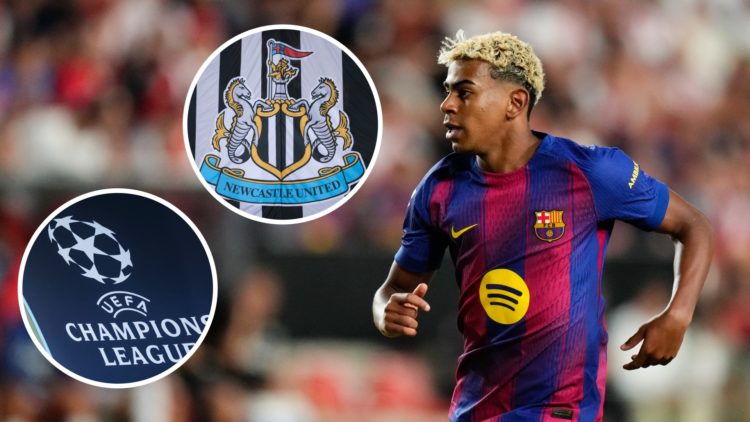 Inset 1, Champions League logo. Inset 2, Newcastle United badge. Lamine Yamal playing for FC Barcelona.