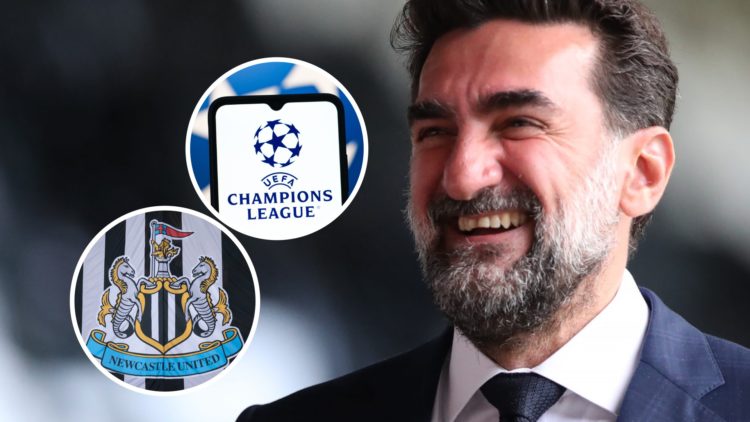 Newcastle United chairman Yasir Al-Rumayyan is seen arriving at St James' Park. Inset: the Newcastle United badge and the Champions League logo
