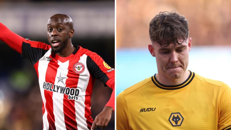 Yoane Wissa playing for Brentford, Jorgen Strand Larsen playing for Wolves.