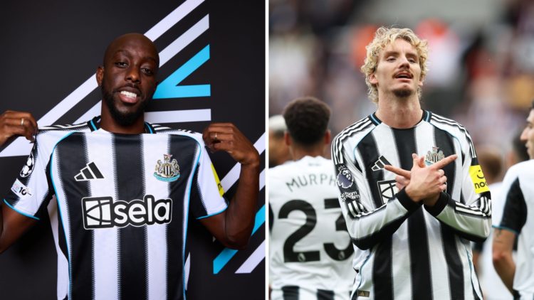 Yoane Wissa poses in a Newcastle United shirt, Nick Woltemade celebrates scoring for Newcastle United.