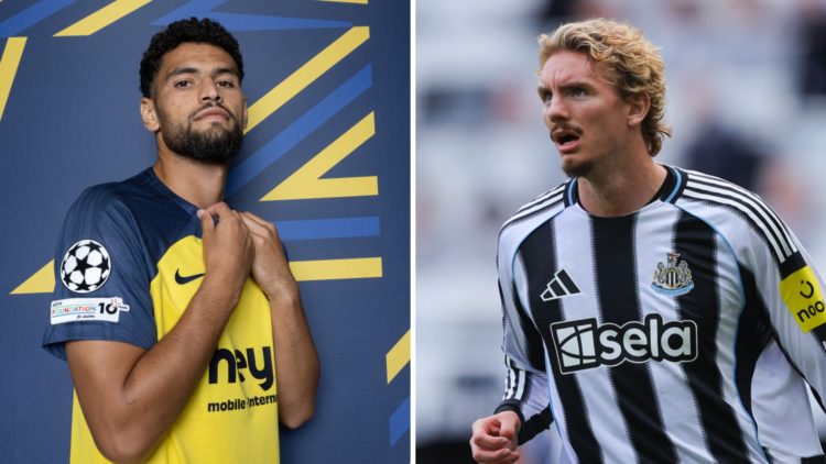 Split image: Adem Zorgane poses in front of a colourful backdrop (L). Nick Woltemade in action for Newcastle United (R).