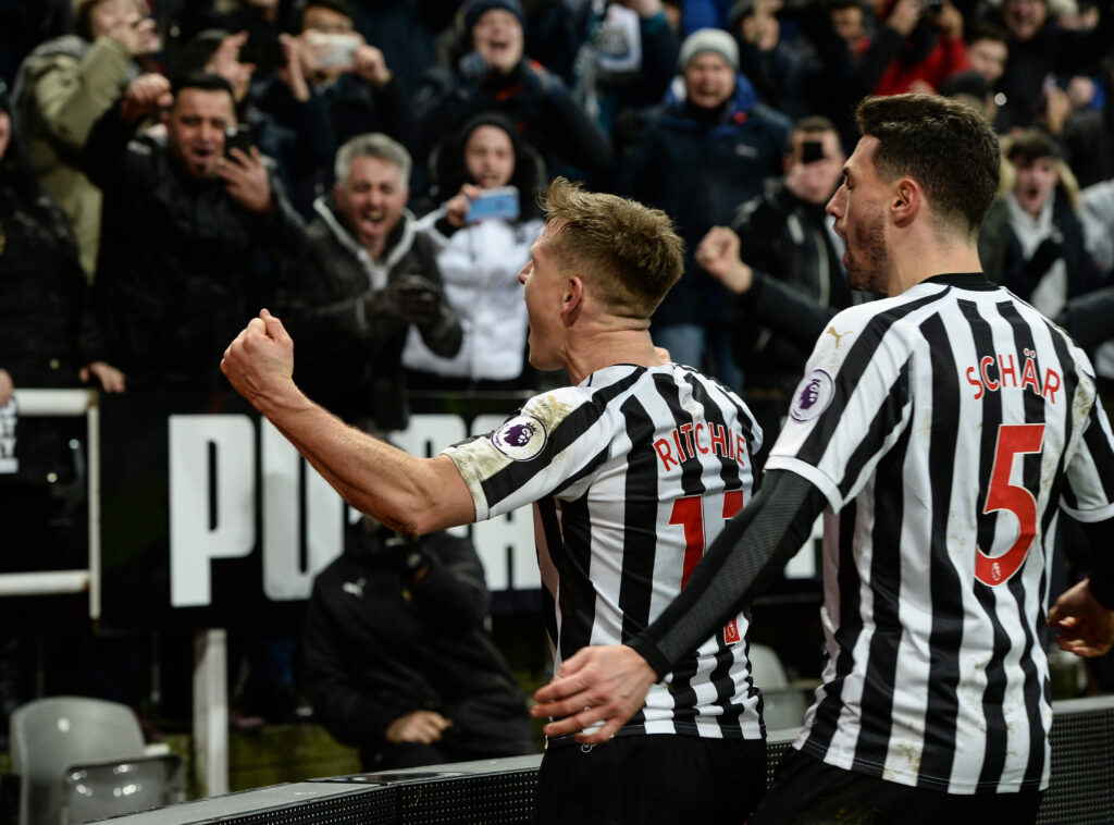 Matt Ritchie celebrates after scoring for Newcastle United against Manchester City.